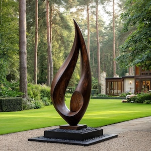 Flameheart Sculpture – Large Modern Abstract Wooden Garden Art – Outdoor Yard Flame Statue – Minimalist Wood Decor