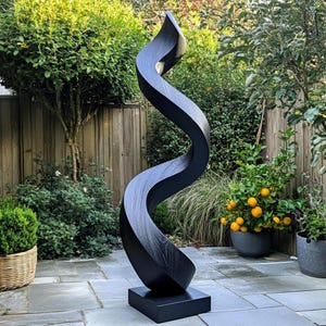 Large Modern Black Wooden Spiral Sculpture for Garden or Patio – Abstract Outdoor Art, Hand-Carved Minimalist Yard Décor