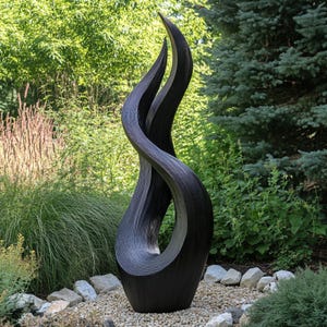 Large Abstract Double-Twist Outdoor Sculpture – Hand-Carved Black Wooden Garden Art, Modern Minimalist Landscape Decoration, Weatherproof