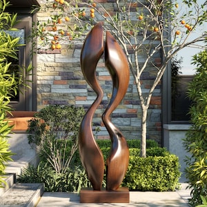 Large Abstract Wood Sculpture | Modern Outdoor Garden Art |Hand-Carved Organic Decor for Patio, Entryway or Luxury Landscape