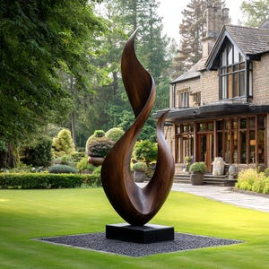 Enso Flame – Modern Abstract Outdoor Wood Sculpture, Tall Flame-Shaped Garden Art for Contemporary Zen Landscape & Luxury Exterior Decor
