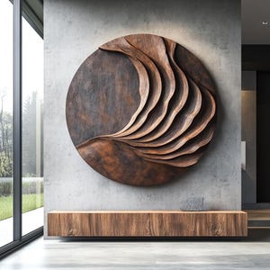 Harmonic Waves – Large Wooden Wall Sculpture | Hand-Carved Abstract Wave Layers | Modern Nature Inspired Round Wood Wall Art Decor