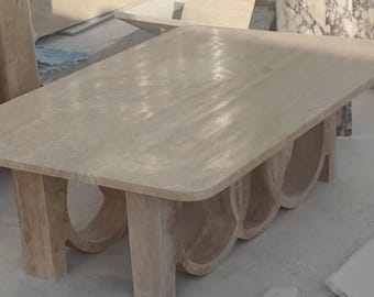 Travertine Marble Coffee Table – Handcarved Natural Stone, Living Room Center Table