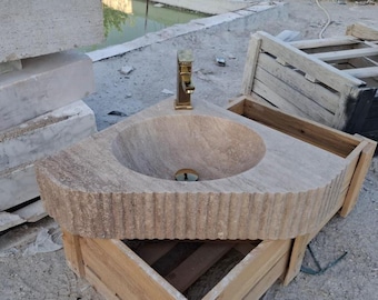 Lavabo de baño de mármol travertino tallado a mano – Lavabo de pared de piedra rústica
