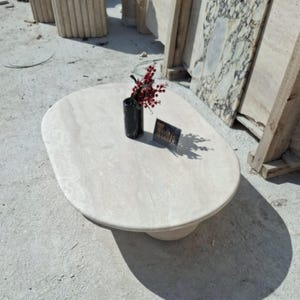 May include: A white oval-shaped coffee table with a smooth, polished surface. The table is made of natural stone and has a unique, organic shape.