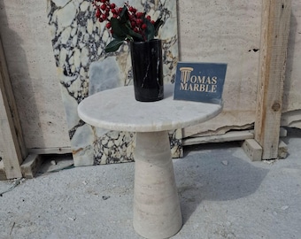 Handmade Travertine Marble Side Table – Natural Stone Round Accent Table