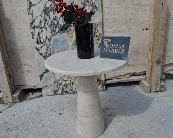 Handmade Travertine Marble Side Table – Natural Stone Round Accent Table