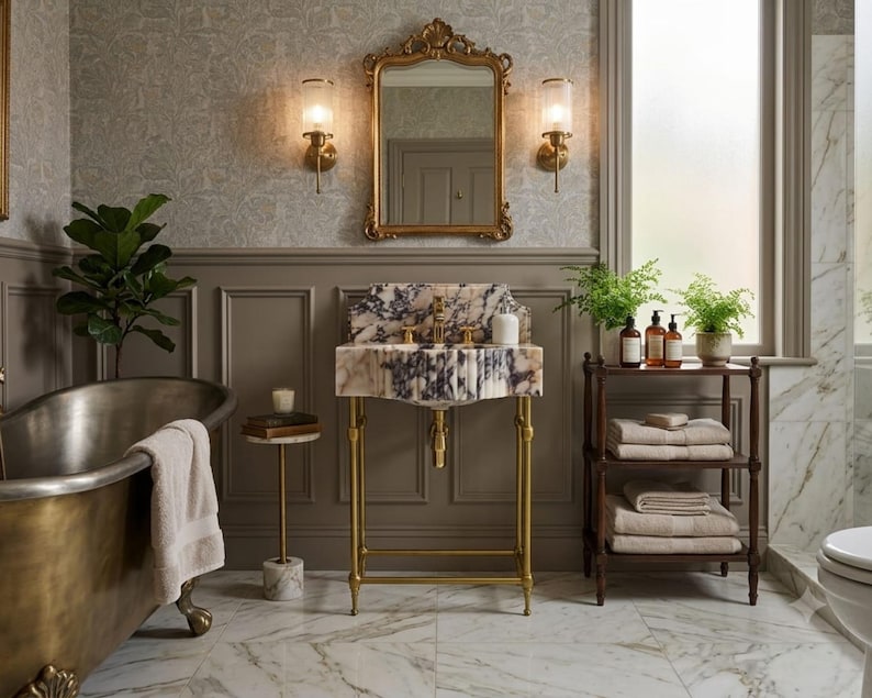 May include: A bathroom vanity featuring a white and purple marble sink basin supported by a gold metal frame. The sink includes gold faucets and is positioned beneath a gold-framed mirror, flanked by two wall-mounted lights in a room with marble floors.