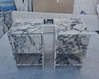 Mesita de noche de mármol Calacatta Viola – Mesa auxiliar de piedra natural hecha a mano con cajón