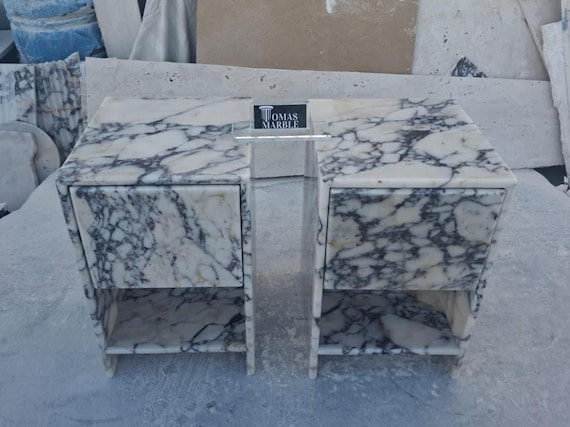 Calacatta Viola Marble Nightstand – Handmade Natural Stone Side Table with Drawer
