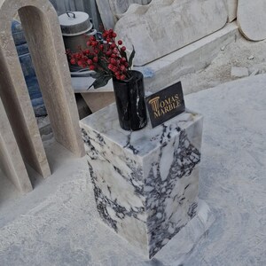Pu&ograve; includere: Un cubo di marmo bianco con venature nere, utilizzato come piedistallo per un vaso nero con fiori rossi. Il vaso &egrave; posto sopra il cubo. Il cubo &egrave; posto su una superficie bianca. Il testo "OMAS MARBLE" &egrave; stampato su un piccolo biglietto posto sul cubo.