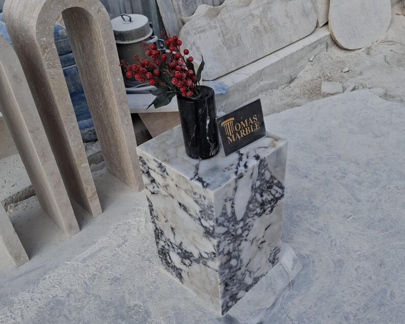 Pu&ograve; includere: Un cubo di marmo bianco con venature nere, utilizzato come piedistallo per un vaso nero con fiori rossi. Il vaso &egrave; posto sopra il cubo. Il cubo &egrave; posto su una superficie bianca. Il testo "OMAS MARBLE" &egrave; stampato su un piccolo biglietto posto sul cubo.