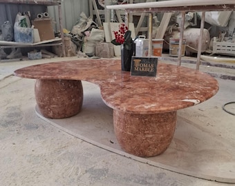 Red Marble Ellipse Coffee Table – Handmade Natural Stone Table for Living Room