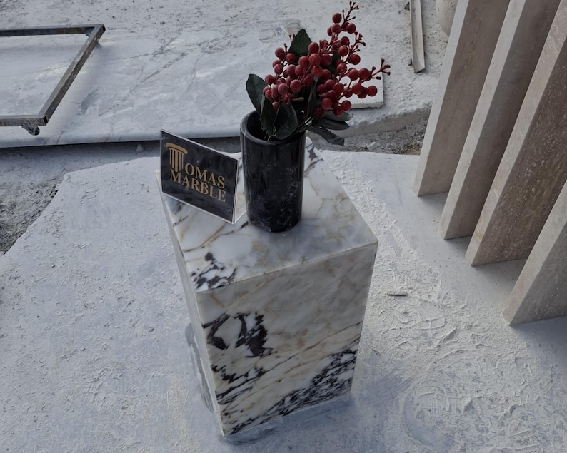 Pu&ograve; includere: Un piedistallo in marmo bianco con un vaso nero pieno di bacche rosse. Il piedistallo ha un cartello con la scritta "Thomas Marble".