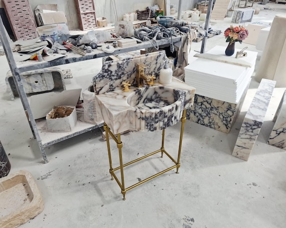 Calacatta Viola Marble Sink, Fluted Washbasin with Brass Legs, Luxury Vanity