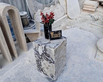 May include: A white marble cube with black veins, used as a side table. The table is topped with a small black vase with red flowers and a sign that reads "Thomas Marble".