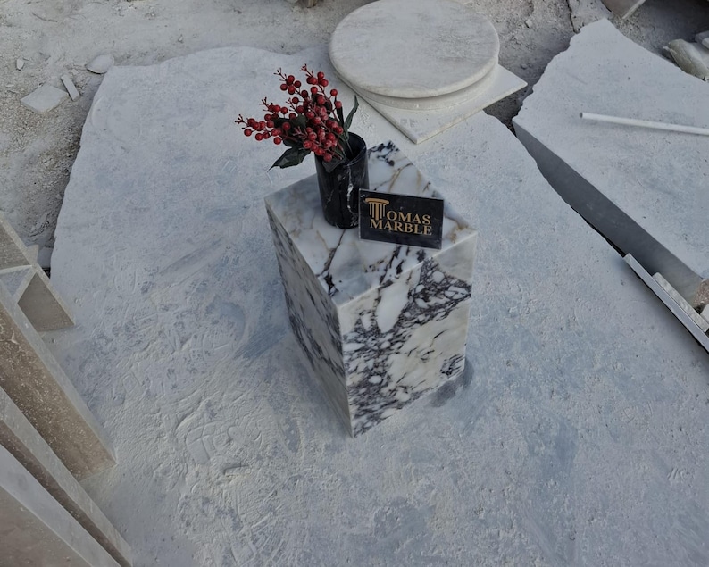 Pu&ograve; includere: Un piedistallo in marmo bianco con un piano in marmo bianco e nero. Il piedistallo &egrave; posto su una superficie bianca. Un piccolo mazzo di fiori rossi &egrave; posto sulla parte superiore del piedistallo. Un biglietto da visita nero con il testo "Thomas Marble" &egrave; posto sulla parte superiore del piedistallo.