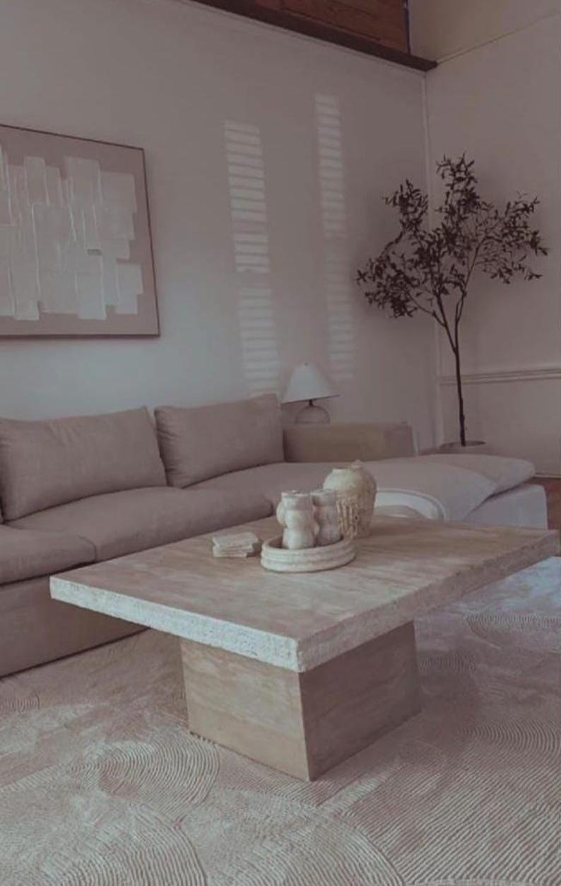 Handcrafted Travertine Marble Coffee Table – Natural Stone Living Room Furniture, Luxury Home Decor image 1