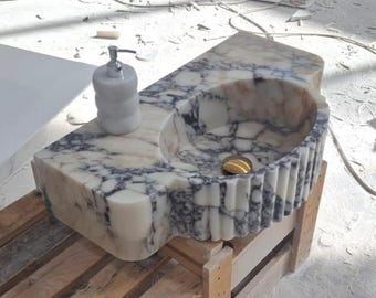 Calacatta Viola Marble Wall Mounted Sink, Handmade Natural Stone Bathroom Vanity