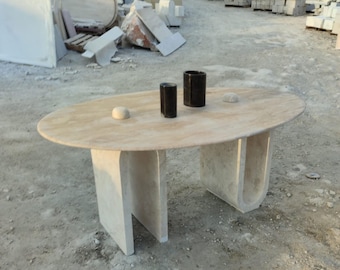 Ellipse Travertine Marble Dining Table – Handmade Natural Stone Living Room Furniture