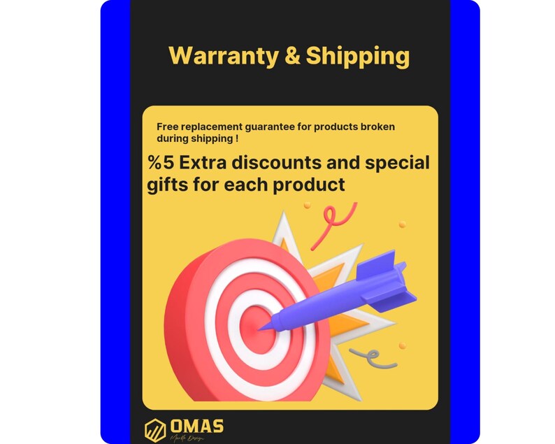 Pu&ograve; includere: Un bersaglio giallo e rosso con un dardo blu che colpisce il centro. Il testo "Warranty & Shipping" &egrave; in alto nell'immagine. Il testo "%5 Extra discounts and special gifts for each product" &egrave; sotto il bersaglio. Il testo "OMAS" &egrave; in basso nell'immagine.