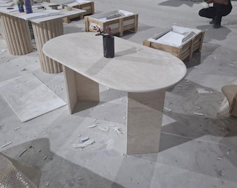 Travertine Marble Dining Table – Handmade Natural Stone for Kitchen & Living Room