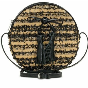 May include: A round, black and tan crossbody bag with a black leather strap and tassel accents. The bag has a woven texture and a black and tan striped pattern.