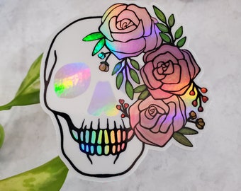 Floral Holographic Skull Sticker, Waterproof Vinyl Decal