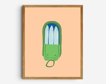 Impressão artística de sardinhas – Download digital | Peixe enlatado minimalista em fundo de pêssego | Arte de parede para cozinha | Paleta nº 1