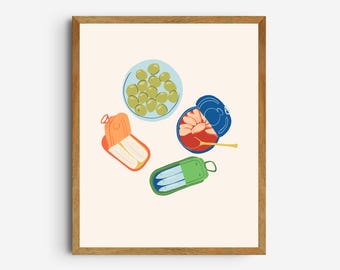 Impressão artística de peixe e azeitonas em lata – Download digital | Arte de parede para cozinha | Sardinhas | Paleta nº 1
