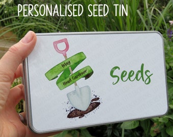 Personalised Garden Spade Seed Tin, Seed Box, Storage Tin, Gardening Gifts, Allotment Gifts, Head Gardener, Christmas Gifts For Men Women