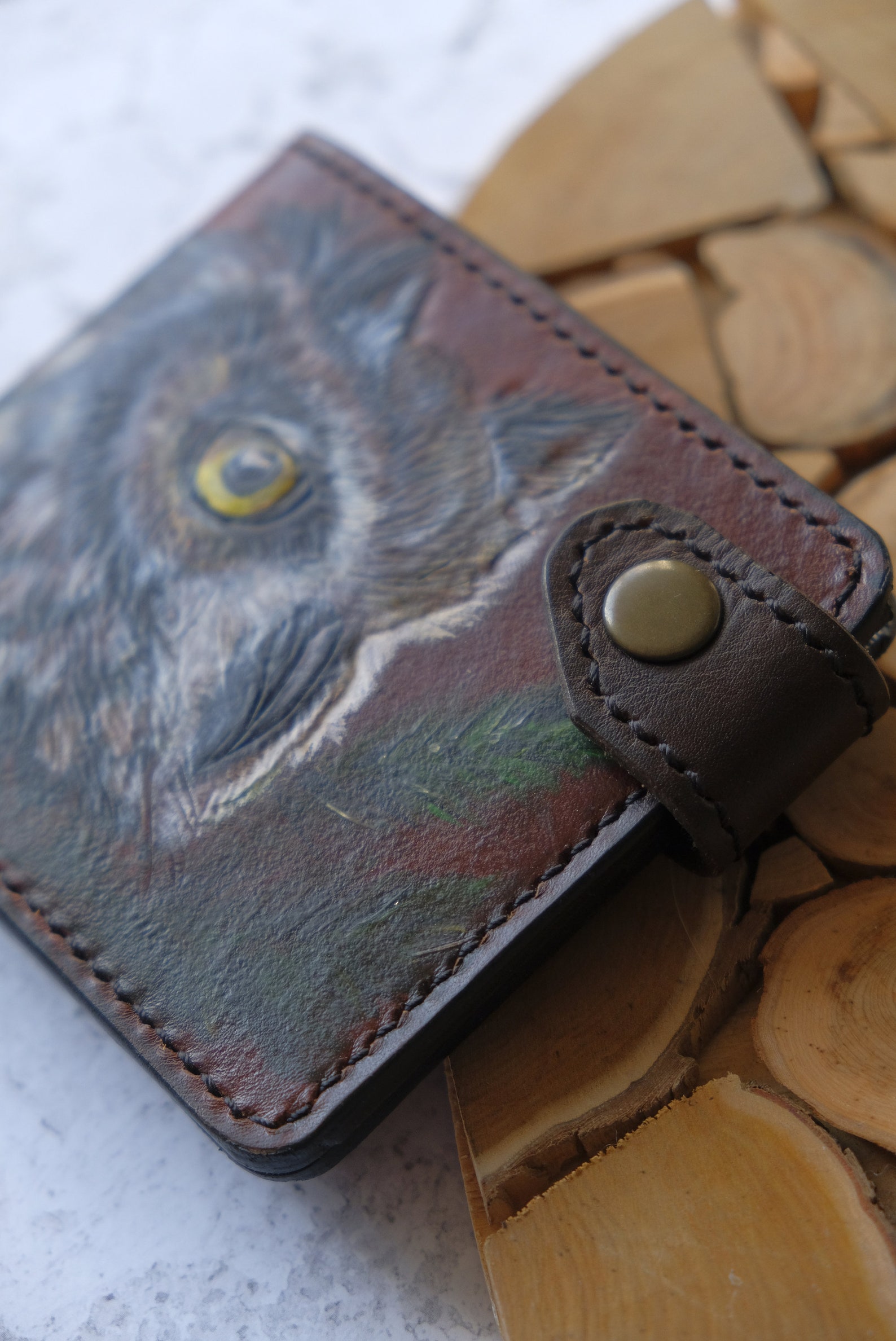 Wallet made of leather with an owl pattern. Card wallet. Etsy