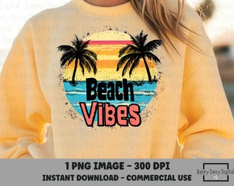 Beach Vibes PNG Retro Distressed Palm Tree Sunset Shirt Design Sublimation Bold Summer Tee Coastal Salty Commercial Use POD