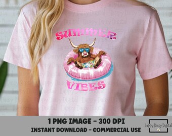 Sommer Vibes PNG Highland Kuh Pool Float Retro Strand Shirt Design Sublimation Lustige Kuh T-Shirt Sommer POD