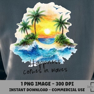 La felicidad viene en olas PNG, Playa PNG, Palmera PNG, Isla PNG, Tropical PNG, Verano PNG, Ambiente playero PNG, Atardecer PNG, Océano PNG