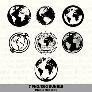 Puede incluir: Una colección de siete ilustraciones de globos terráqueos en blanco y negro con varios diseños de mapas mundiales, incluyendo siluetas sólidas, continentes texturizados y patrones orbitales de rejilla, con el texto 7 PNG/SVG BUNDLE PNG = 300 DPI.