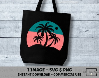 Design retrô de sacola de compras com palmeira ao pôr do sol em SVG e PNG para Silhouette, Cricut e Silhouette, nas cores rosa e azul-petróleo, ideal para uso comercial em impressão sob demanda.