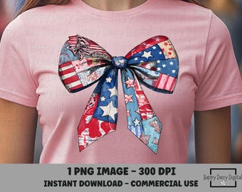Patchwork Patriotic Bow PNG Coquette 4th of July Shirt Design Floral Americana Sublimation Commercial Use POD