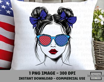 Patriotic Messy Bun Mama PNG 4th of July Shirt Design American Flag Sunglasses Mom Sublimation Commercial Use POD