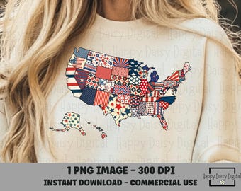 USA Patchwork Patriotic map PNG Shirt Design 4th of July Quilt America Sublimation Commercial Use POD