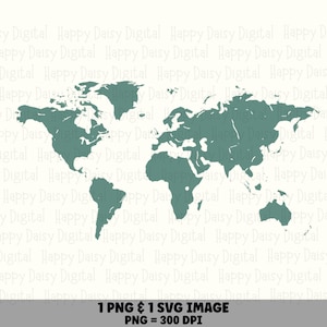 May include: A teal-colored silhouette of a world map featuring all major continents. The text Happy Daisy Digital is repeated in the background. At the bottom, the text reads 1 PNG & 1 SVG IMAGE PNG = 300 DPI. The design is on a light cream background.
