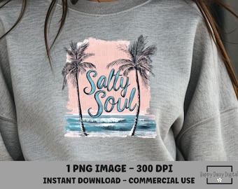 Salty Soul PNG Distressed Beach Shirt Design Retro Palm Tree PNG Salty png Coastal Crewneck Design Vintage Summer png Commercial Use POD