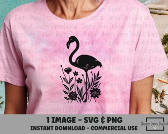 Blommig Flamingo SVG PNG Botanisk Strandskjorta Design Cricut Silhouette Sommar Tropisk Vildblomma Sublimering Kommersiellt Använd POD