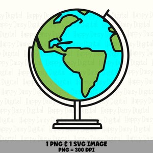 May include: A graphic illustration of a globe featuring light green landmasses against a bright cyan ocean. The globe is mounted on a black stand with a circular base and a meridian ring. The text below reads 1 PNG & 1 SVG IMAGE PNG = 300 DPI.