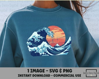 Große Welle SVG PNG Retro Sonnenuntergang Japanische Welle Strand Shirt Design Cricut Silhouette Sublimation Rundhalsausschnitt Kommerzielle Nutzung an der Küste POD