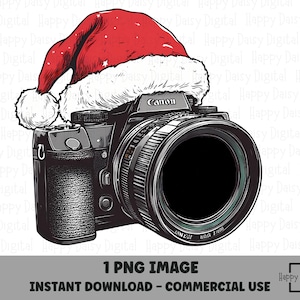 May include: A black and silver Canon camera wearing a red and white Santa hat. The camera lens is large and has a black rim.