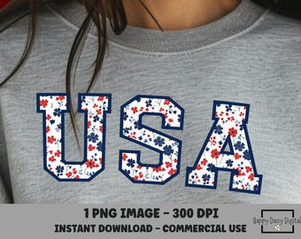 Floral USA PNG Red White Blue Letter Design 4th of July Patriotic Shirt Sublimation Commercial Use POD