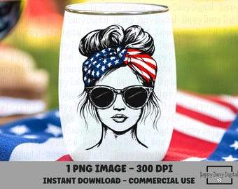 American mama PNG Messy Bun Sunglasses 4th of July Shirt Design Patriotic Mom Sublimation Commercial Use POD
