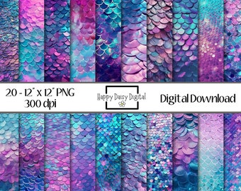 Mermaid Background, Pink, Blue & Purple Digital Paper, Digital Backdrop, Scrapbook Paper, Printable, Instant Download - Commerical Use