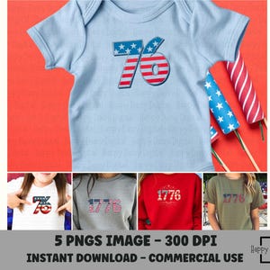 May include: A light blue baby onesie with a red, white, and blue "76" graphic. The image also shows a variety of apparel with the number "1776" in a similar patriotic style, along with red and blue fireworks.